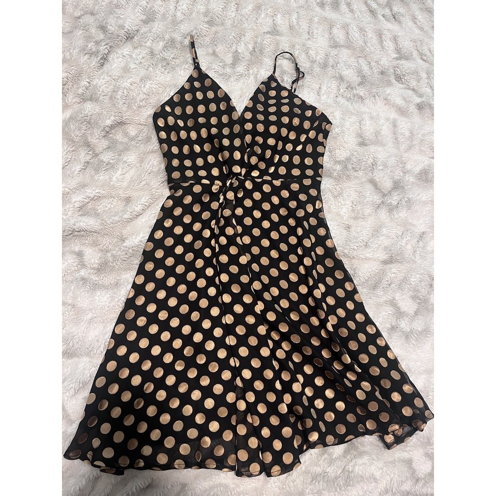 ASTR The Label Black Gold Metallic Polka Dot Twist Front Mini‎ Dress Womens M - Picture 2 of 4